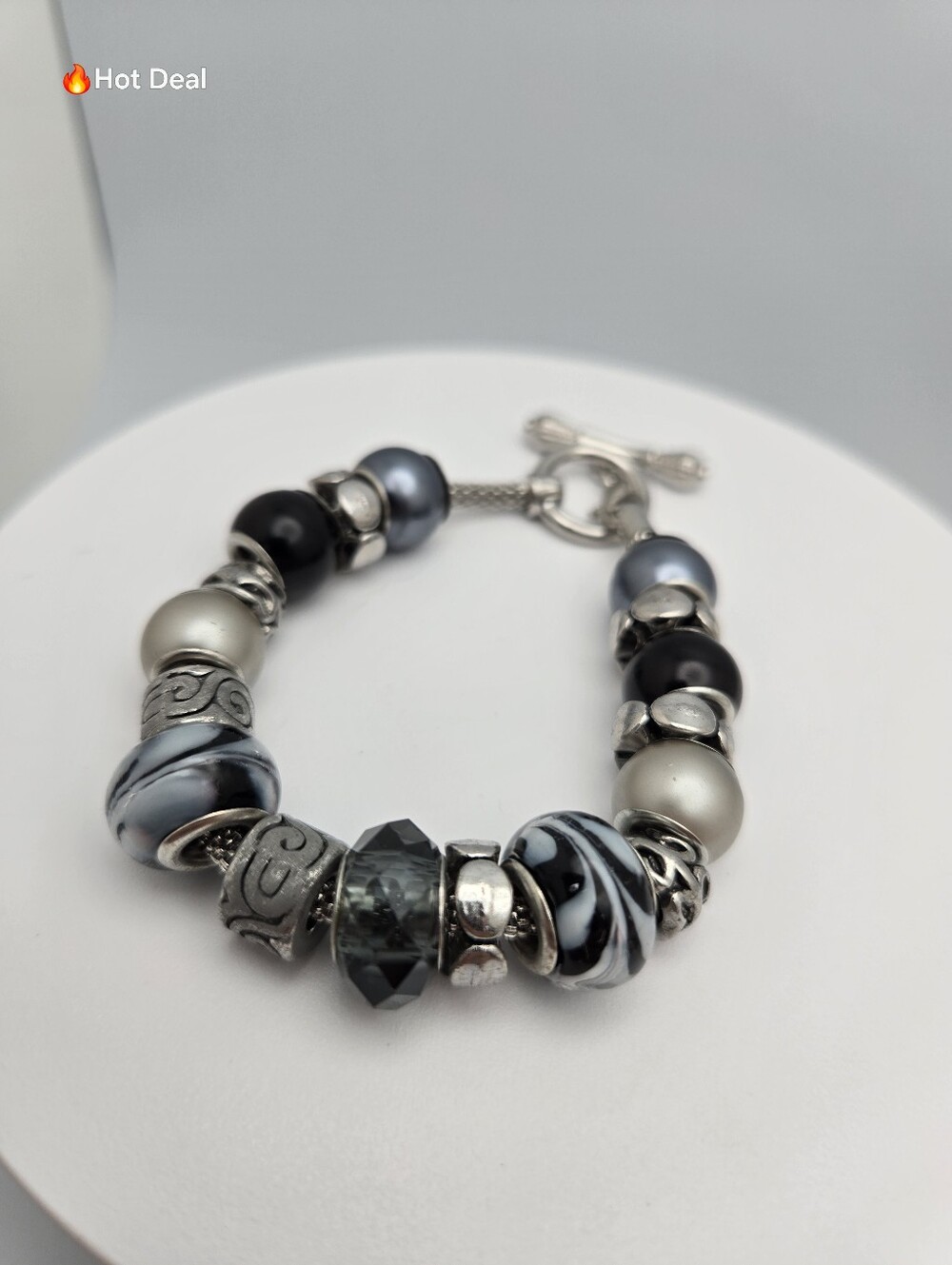 Cousin Mystic Twilight Bead Bracelet Black Silver Swirl 8" Pandora Style